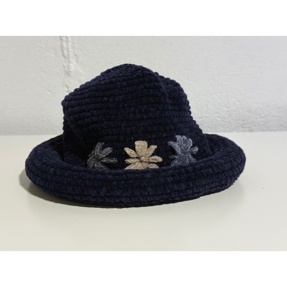 Womens Navy Blue Chenille Knit Bucket Hat 57cm Floral Embroidery 100% Polyester